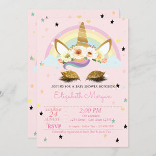 Invitation Parties scintillant d'or Unicorn Floral Rainbow Ba