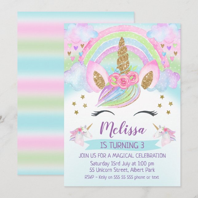 Invitation Parties scintillant d'or Unicorn Rainbow Invitatio (Devant / Derrière)
