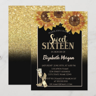 Invitation Parties scintillant d'or, Vin, Verre, Fleurs de so
