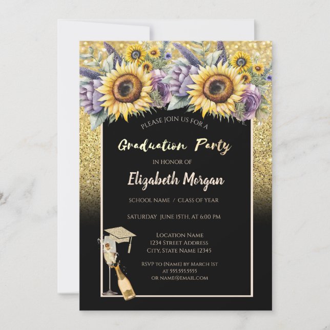 Invitation Parties scintillant d'or, Vin, Verre, Fleurs de so (Devant)