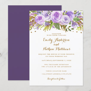 Invitation Parties scintillant d'or violet aquarelle Mariage 