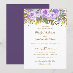 Invitation Parties scintillant d'or violet aquarelle Rose Flo
