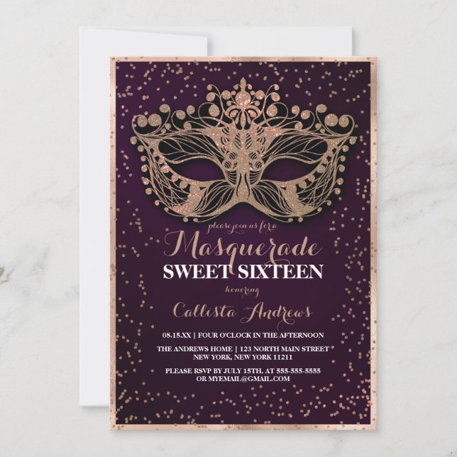Invitation Parties scintillant d'or violet Confetti Masquerad (Devant)