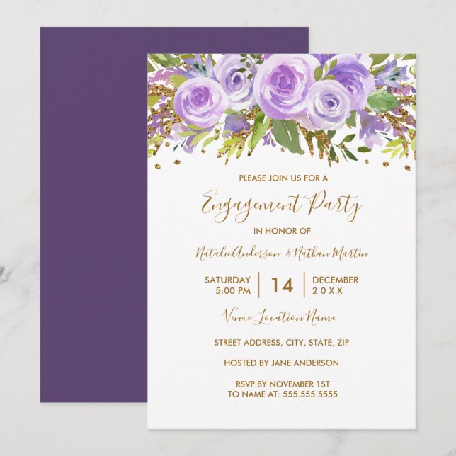 Invitation Parties scintillant d'or violet Floral Rose (Devant / Derrière)
