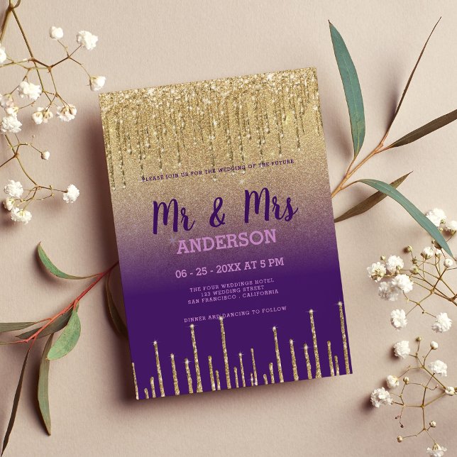 Invitation Parties scintillant d'or violet gouttes script MR  (Purple gold glitter drips script MR MRS wedding )