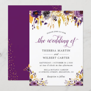 Invitation Parties scintillant d'or violet modernes Mariage f