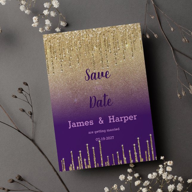 Invitation Parties scintillant d'or violet ombre goutte scrip (Purple gold glitter ombre drip scrip Save the Date)