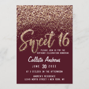 Invitation Parties scintillant dorée Bourgogne Ombre Sweet 16