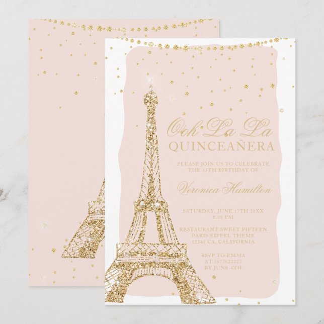 Invitation parties scintillant dorée chic de la tour Eiffel q (Devant / Derrière)