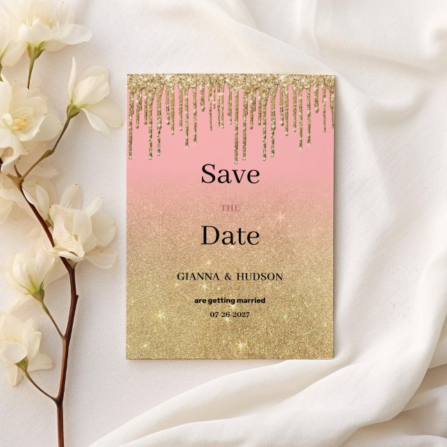 Invitation Parties scintillant dorée de luxe rose gouttes omb (Luxury gold glitter pink ombre drips Save the Date)