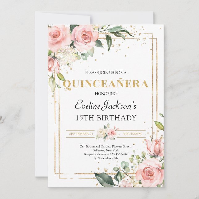 Invitation Parties scintillant dorée rose ressort rose fleuri (Devant)