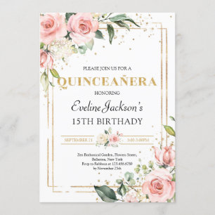 Invitation Parties scintillant dorée rose ressort rose fleuri