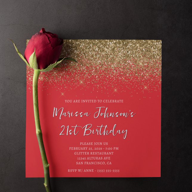 Invitation Parties scintillant dorée rouge 21e anniversaire (Sparkly Gold Glitter Red 21st Birthday Invitation)