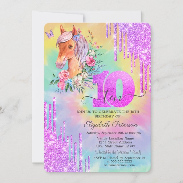 Invitation Parties scintillant Drips Pony Tie Dye 10e anniver (Devant)