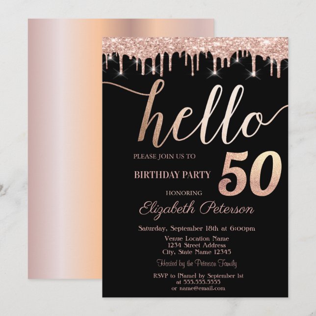 Invitation Parties scintillant Drips Rose Gold 50e fête d'ann (Devant / Derrière)