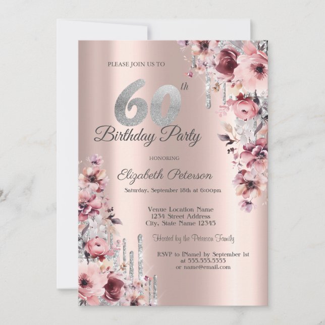 Invitation Parties scintillant Drips Rose or rose floral 60e  (Devant)