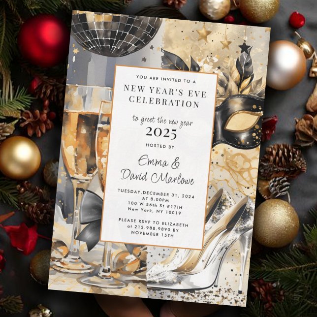 Invitation Parties scintillant du Nouvel An 2025 Black Gold (Créateur téléchargé)