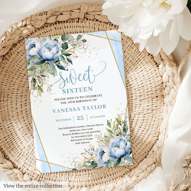 Invitation Parties scintillant Dusty Bleu Blanc Or Fleurs Swe (Glitter Dusty Blue White Gold Flowers Sweet 16 Invitation)