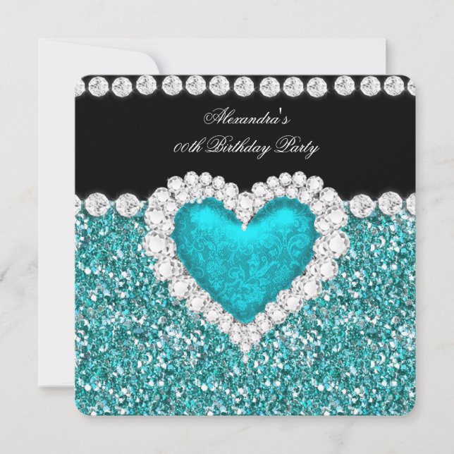 Invitation Parties scintillant élégante Turquoise Coeur bleu  (Devant)