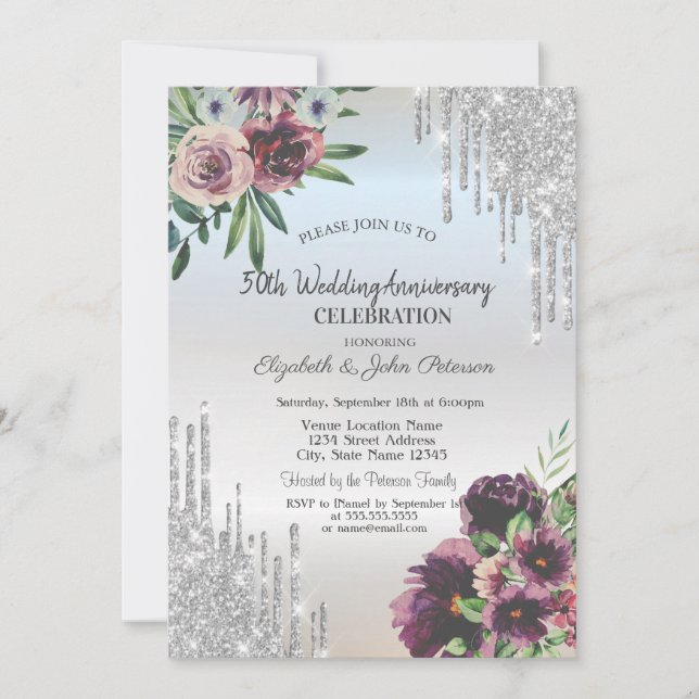 Invitation Parties scintillant en argent, Anniversaire Rose d (Devant)