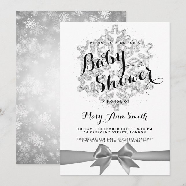 Invitation Parties scintillant en argent baby shower ruban de (Devant / Derrière)