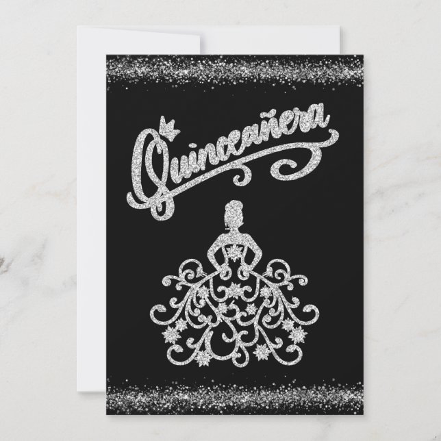 Invitation Parties scintillant en argent BlacK Quinceañera 15 (Devant)