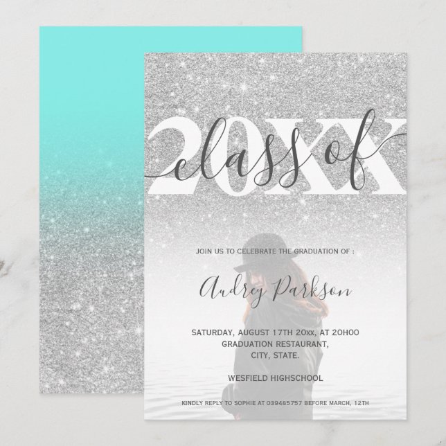 Invitation parties scintillant en argent bleu turquoise 2020 (Devant / Derrière)
