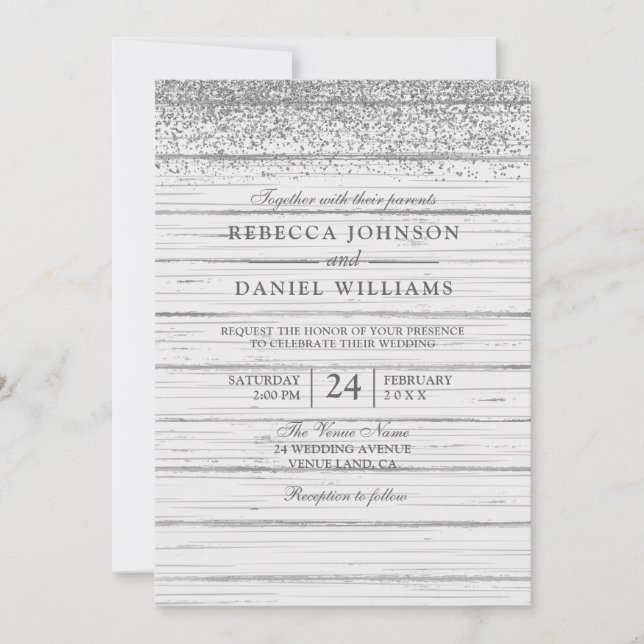 Invitation Parties scintillant en argent en bois blanc rustiq (Devant)