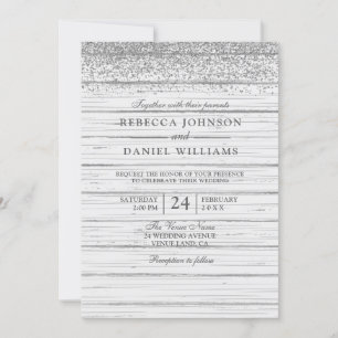 Invitation Parties scintillant en argent en bois blanc rustiq
