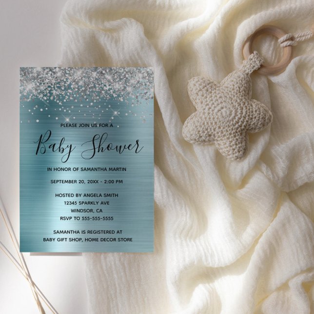 Invitation Parties scintillant en argent et Baby shower à hui (Silver Glitter Light Blue Glam Baby Shower Invite)