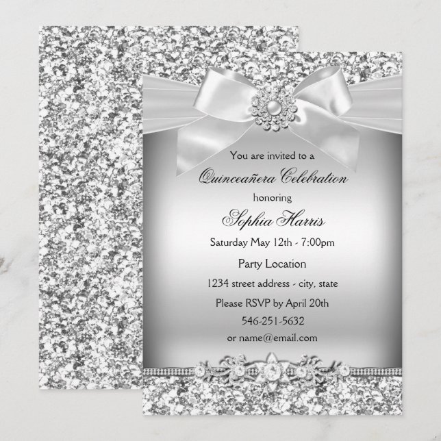Invitation Parties scintillant en argent et bijoux Bow Quince (Devant / Derrière)