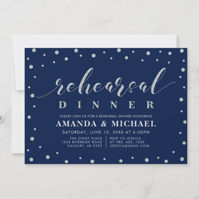 Invitation Parties scintillant en argent et marine | Dîner de (Devant)