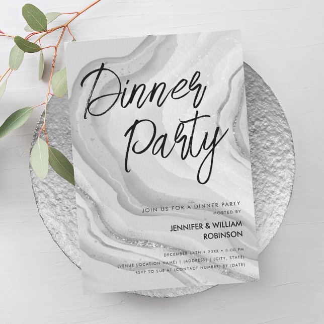 Invitation Parties scintillant en argent Marbre Script Dîner  (Silver Glitter Marble Script Dinner Party Invitation)
