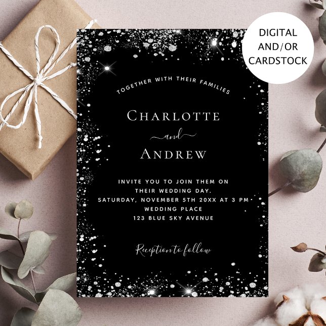 Invitation Parties scintillant en argent noir mariage élégant (Créateur téléchargé)