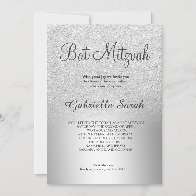 Invitation Parties scintillant en argent ombre Bat mitzvah en (Devant)