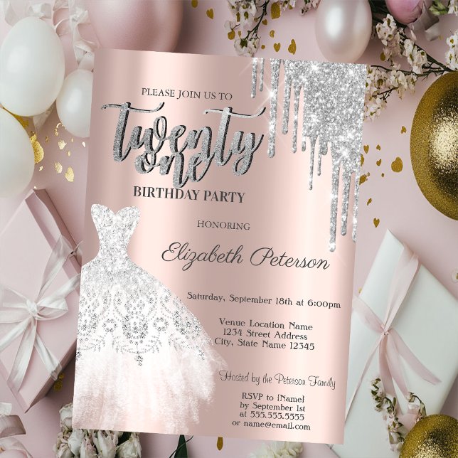 Invitation Parties scintillant en argent, Robe blanche 21e an (Créateur téléchargé)