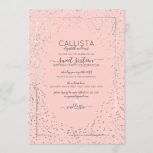 Invitation Parties scintillant en argent rose Confetti Bordur