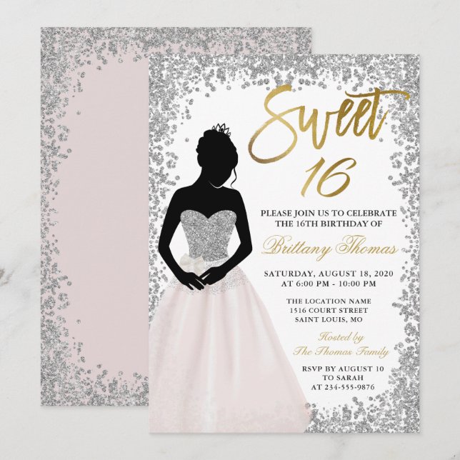 Invitation Parties scintillant en argent rose Sweet sixteen 1 (Devant / Derrière)