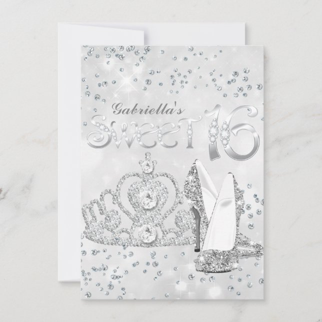 Invitation Parties scintillant en argent Tiara & talons doux  (Devant)