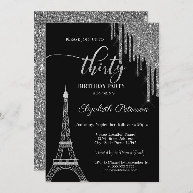 Invitation Parties scintillant en argent, Tour Eiffel 30t Ann (Devant / Derrière)