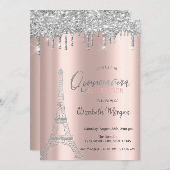 Invitation Parties scintillant en argent, Tour Eiffel Quincea (Devant / Derrière)