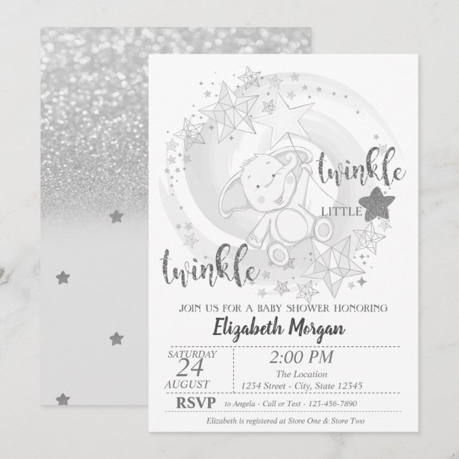 Invitation Parties scintillant en argent Twinkle Star, Baby s (Devant / Derrière)