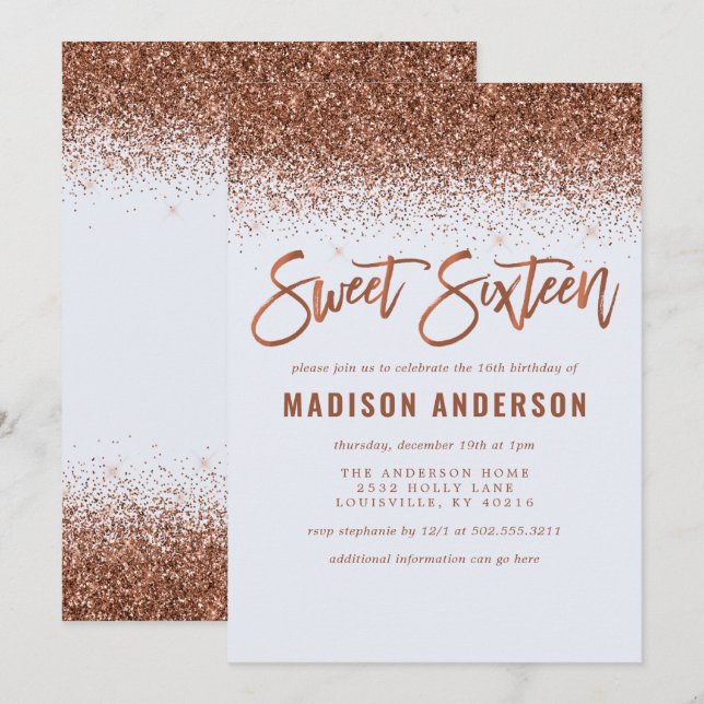 Invitation Parties scintillant en cuivre moderne Sweet 16 Ann (Devant / Derrière)