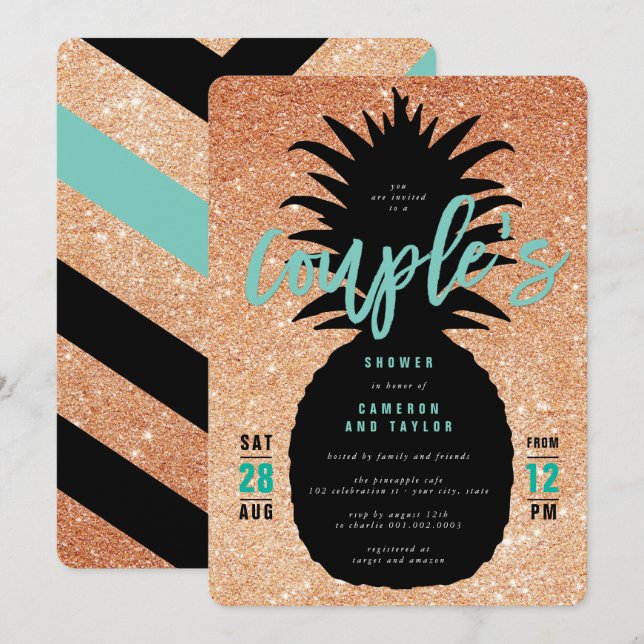 Invitation Parties scintillant en cuivre Pineapple Couple Inv (Devant / Derrière)