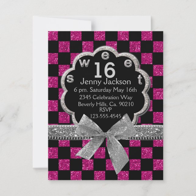 Invitation Parties scintillant en damier rose et noir Sweet 1 (Devant)