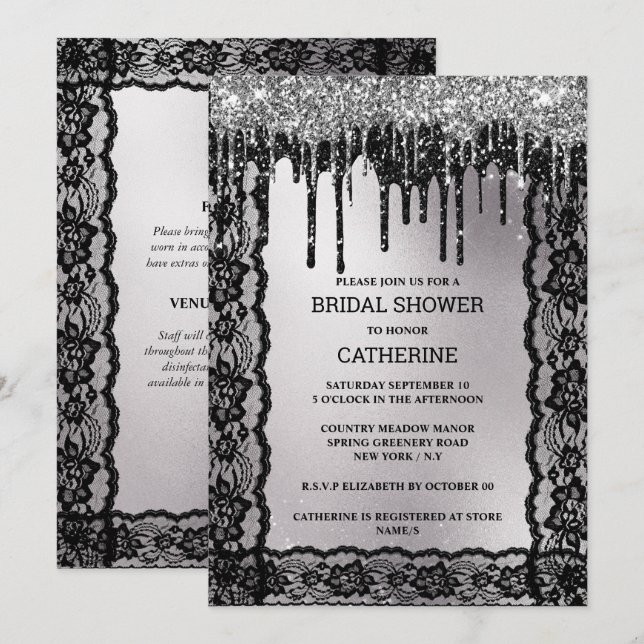 Invitation Parties scintillant en dentelle argent noir moody  (Devant / Derrière)