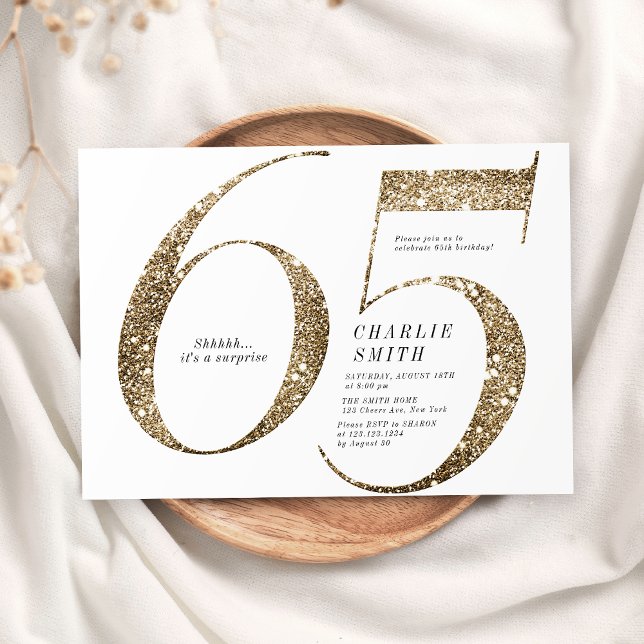 Invitation Parties scintillant en faux or minimaliste moderne (Modern minimalist faux gold glitter 65th birthday invitation)