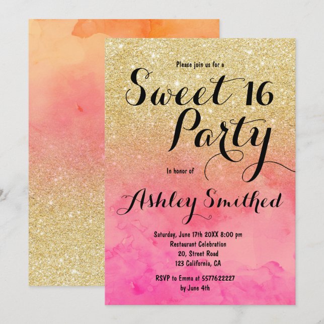 Invitation Parties scintillant en faux or moderne couleur ros (Devant / Derrière)