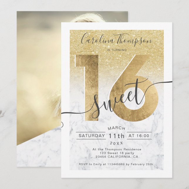 Invitation Parties scintillant en feuille d'or chic en marbre (Devant / Derrière)