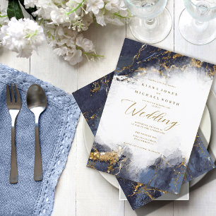 Invitation Parties scintillant en marbre Mariage Marine Blue 
